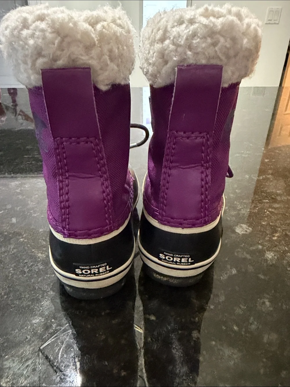 Sorel Kids Purple and Black Winter Boot with Cream Faux-Fur Collar
